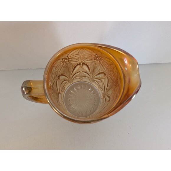 Vintage Iridescent Gold Carnival Glass Pitcher Embossed Floral 6" Tall - Picture 3 of 5